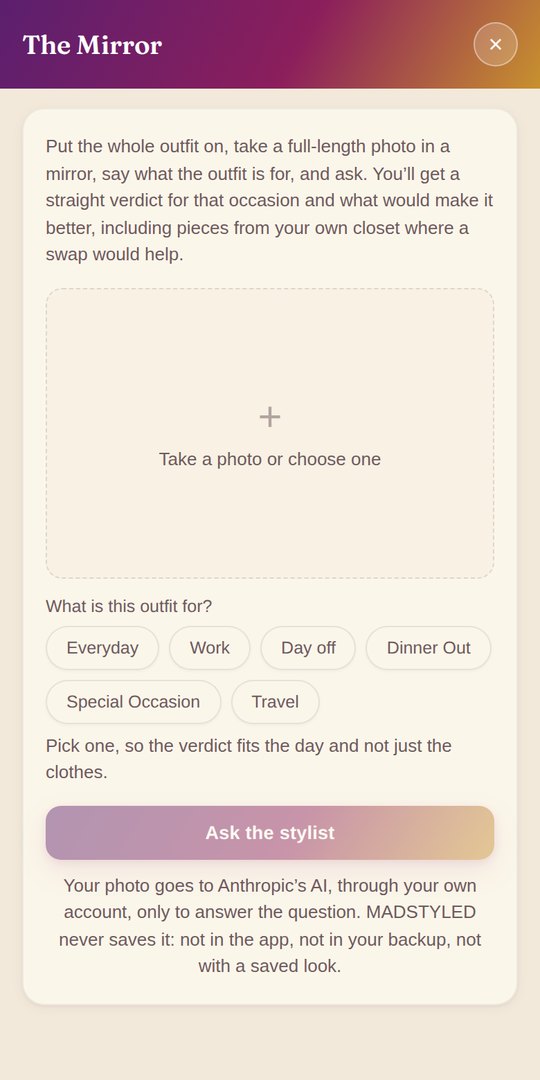 The Mirror screen: take a photo of your outfit, say what it's for, and ask the stylist.