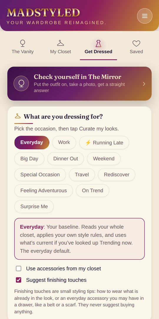 The Get Dressed screen with occasions like Everyday, Work and Dinner Out.
